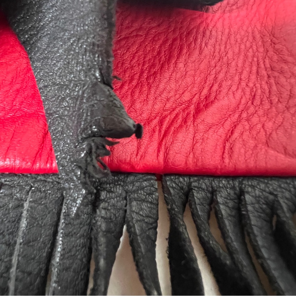 Red Black Raw EdgeLeather W/Fringe Hip Clip On Belt Bag Cell Phone Biker Chic - Picture 11 of 12